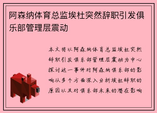 阿森纳体育总监埃杜突然辞职引发俱乐部管理层震动